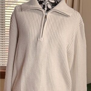 Women's Cream Half-Zip Ribbed Knit Turtleneck Sweater